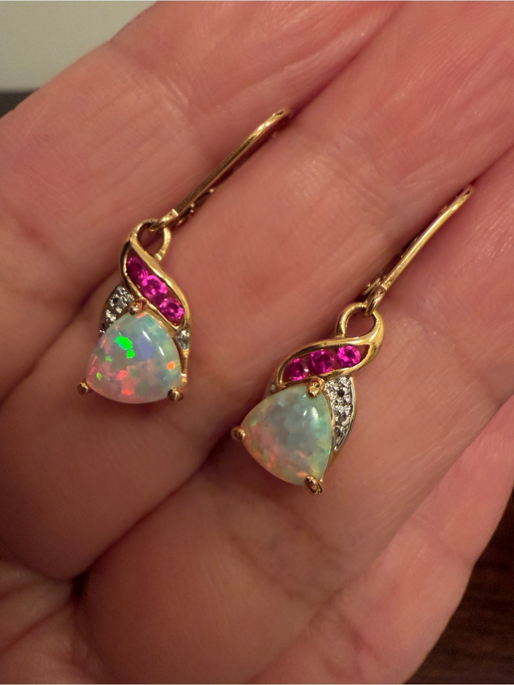 STERLING SILVER OPAL & RUBY DANGLE EARRINGS, gorgeous! vintage - Picture 5 of 7